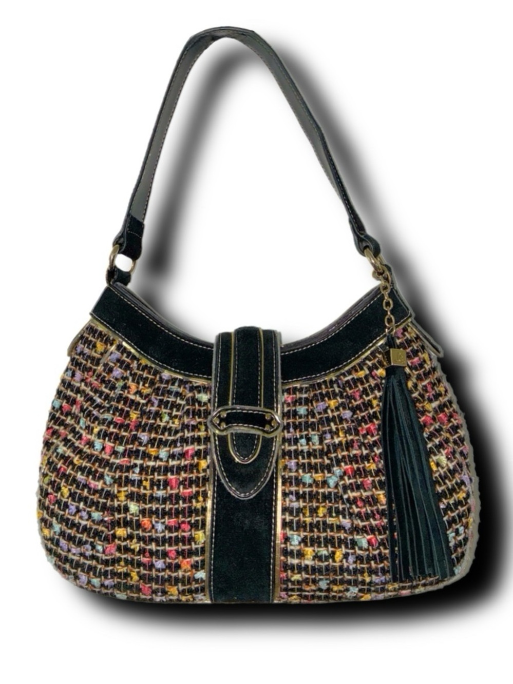 Black Multicolor Tweed Shoulder Bag with Tassel